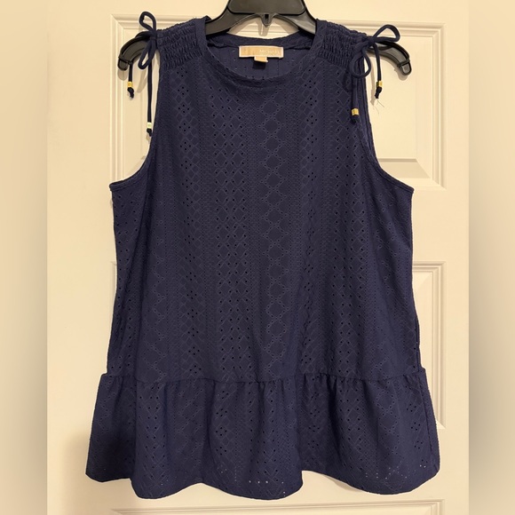 Michael Kors Tops - Michael Kors Navy Peplum Eyelet Ruched Shoulder Tank Top Blouse Medium